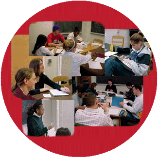 A collage of pictures of students working together and with tutors.